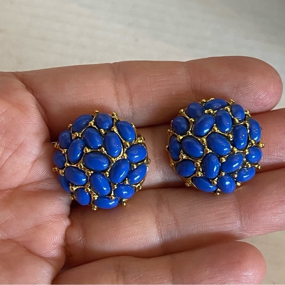 Vintage KJL by KENNETH Jay Lane Dome Cabochon Stud Earrings Navy Blue Pierce - Picture 7 of 12